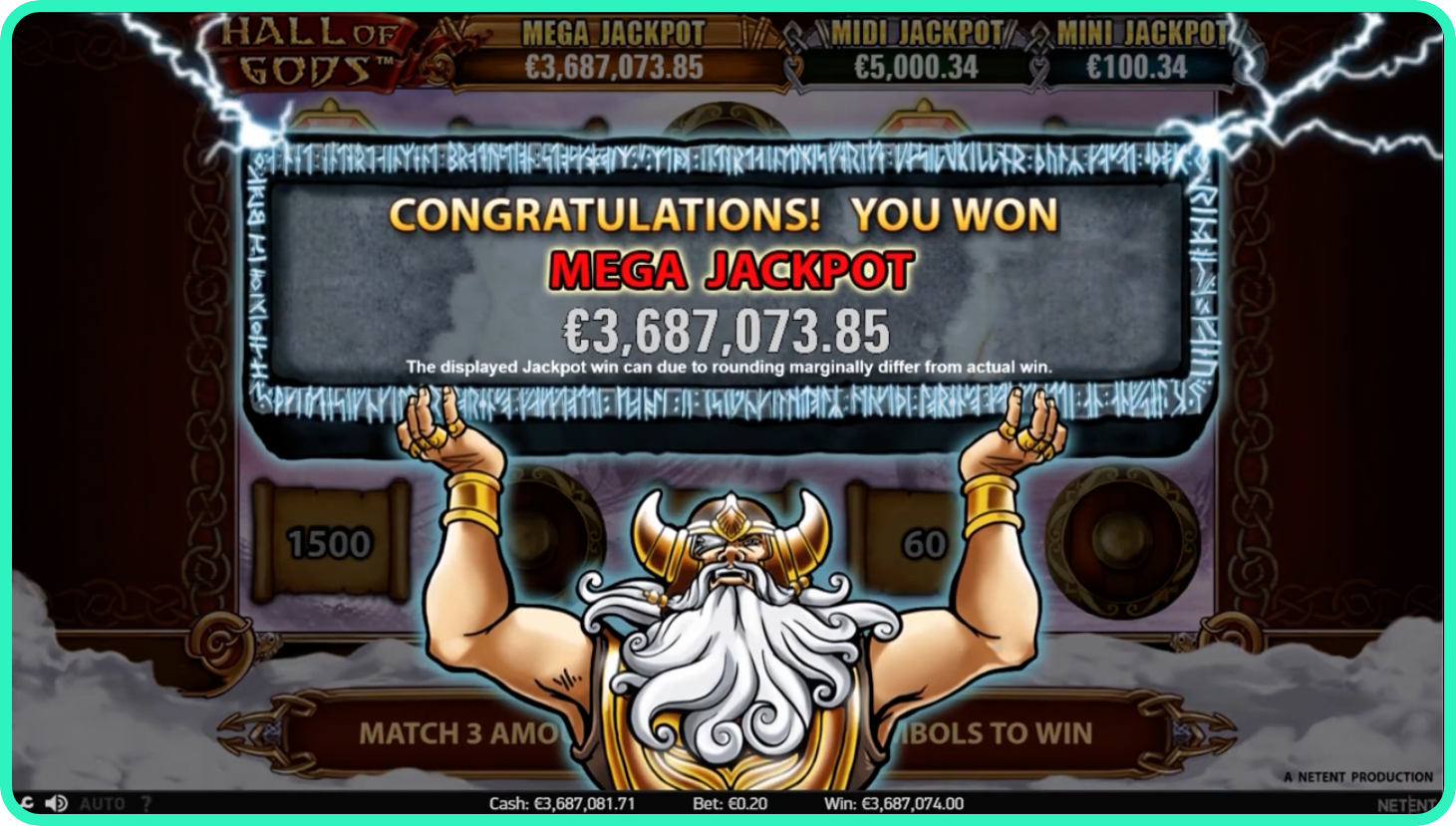 Screenshot of Hall of Gods jackpot payout